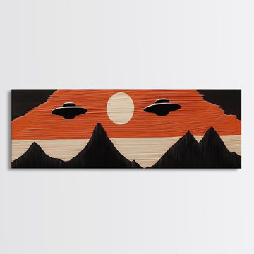 Flying Saucers over The Mountains - Retro Art Deco Inspired Scifi Art - Panoramic Print - Cute Nursery Decor