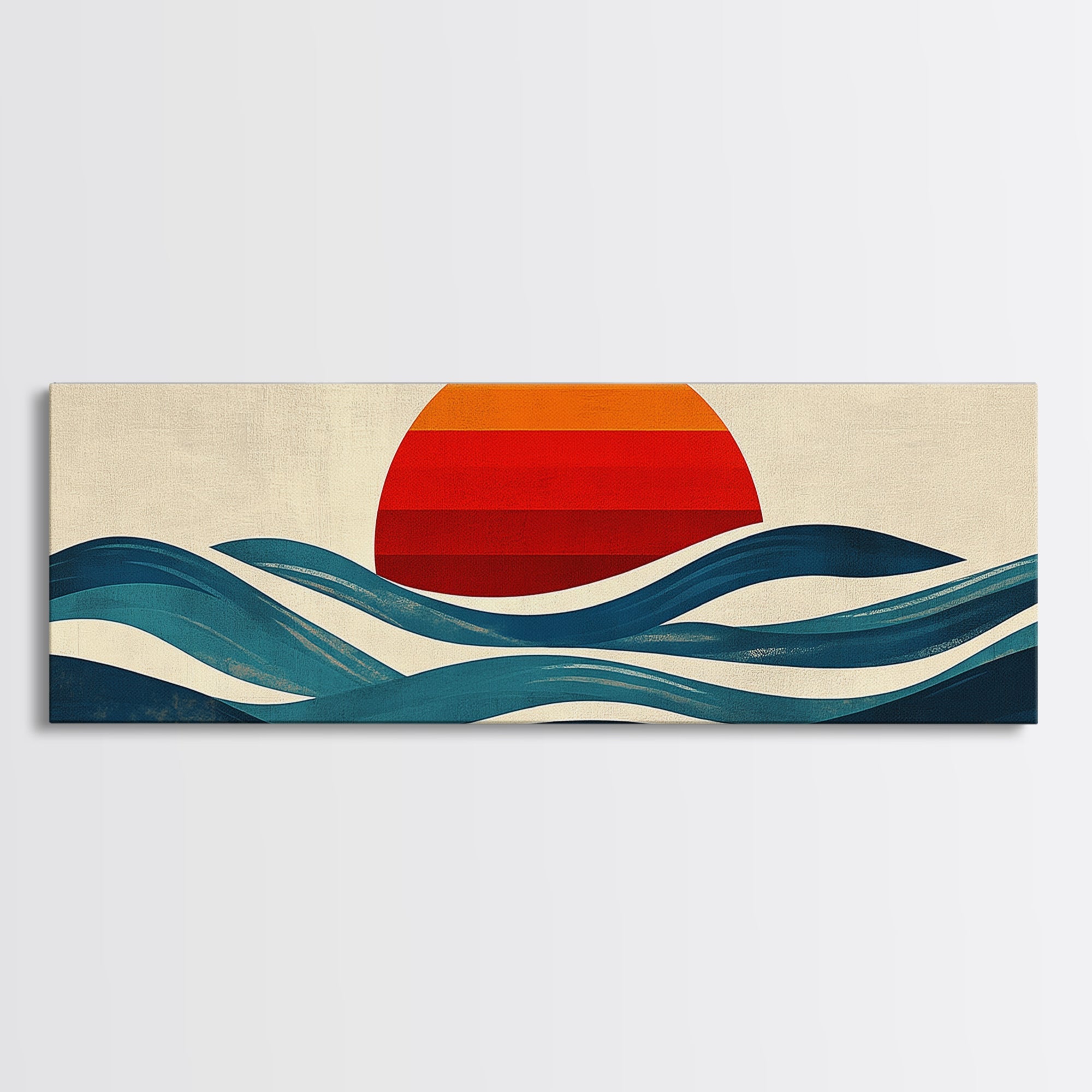 Retro Art Deco Sunset over The Ocean, Framed Canvas Print, Vector Image Style Artwork, Wood Frame, Boho / Eclectic Home Decor, Minimalist Decor