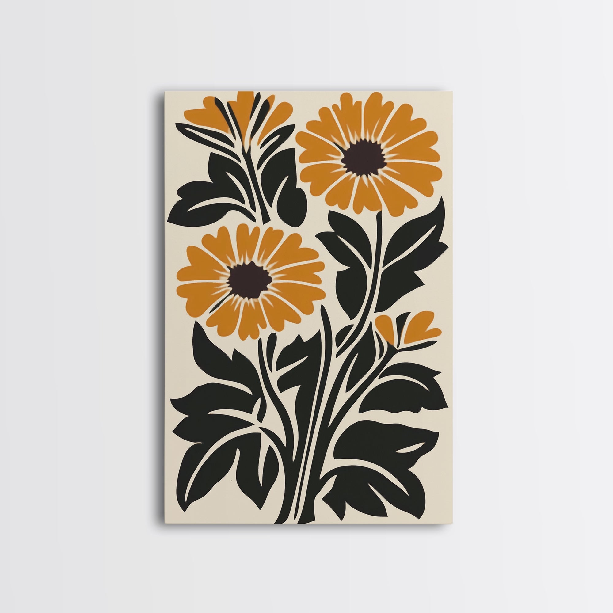 Midcentury Modern Boho Flowers Bouqet Wall Art Canvas Print, MCM Wall Art, Retro Style Abstract Art, Orange Flowers on White Background