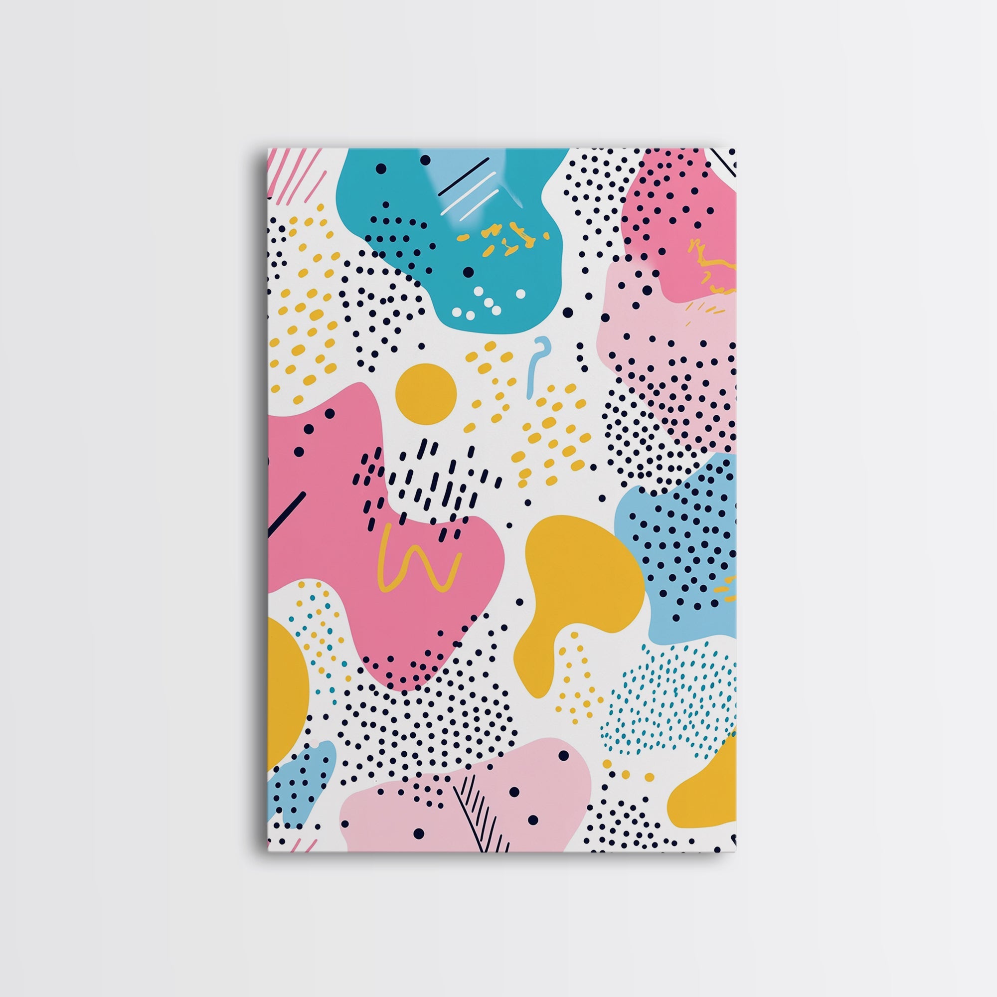 Retro 90s Style Wall Art, Framed Canvas Print, Abstract Shapes and Dots