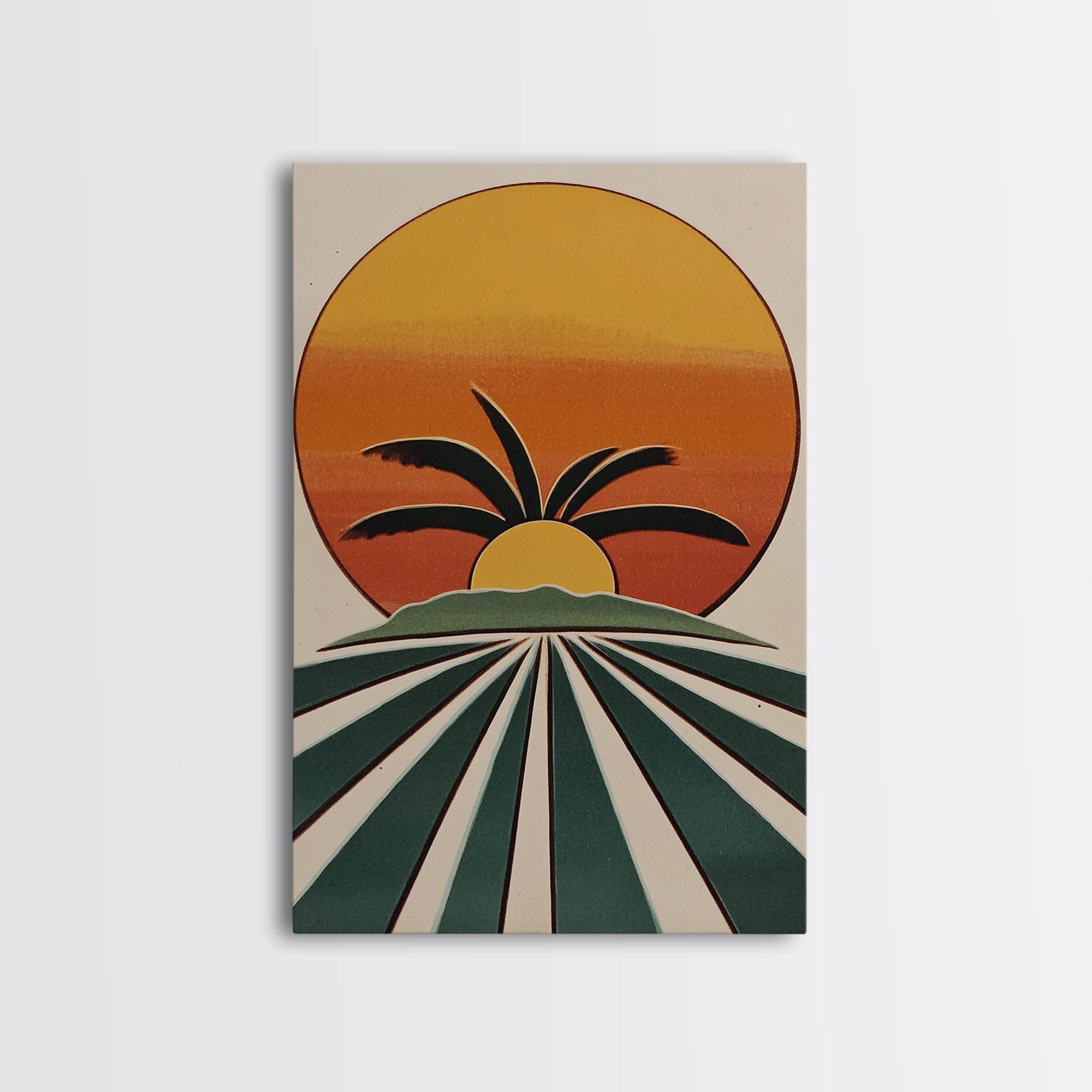 Palm Tree Sunset, Wood Framed Wall Art, Canvas Print, Boho Home Decor, Retro Style Modern Art