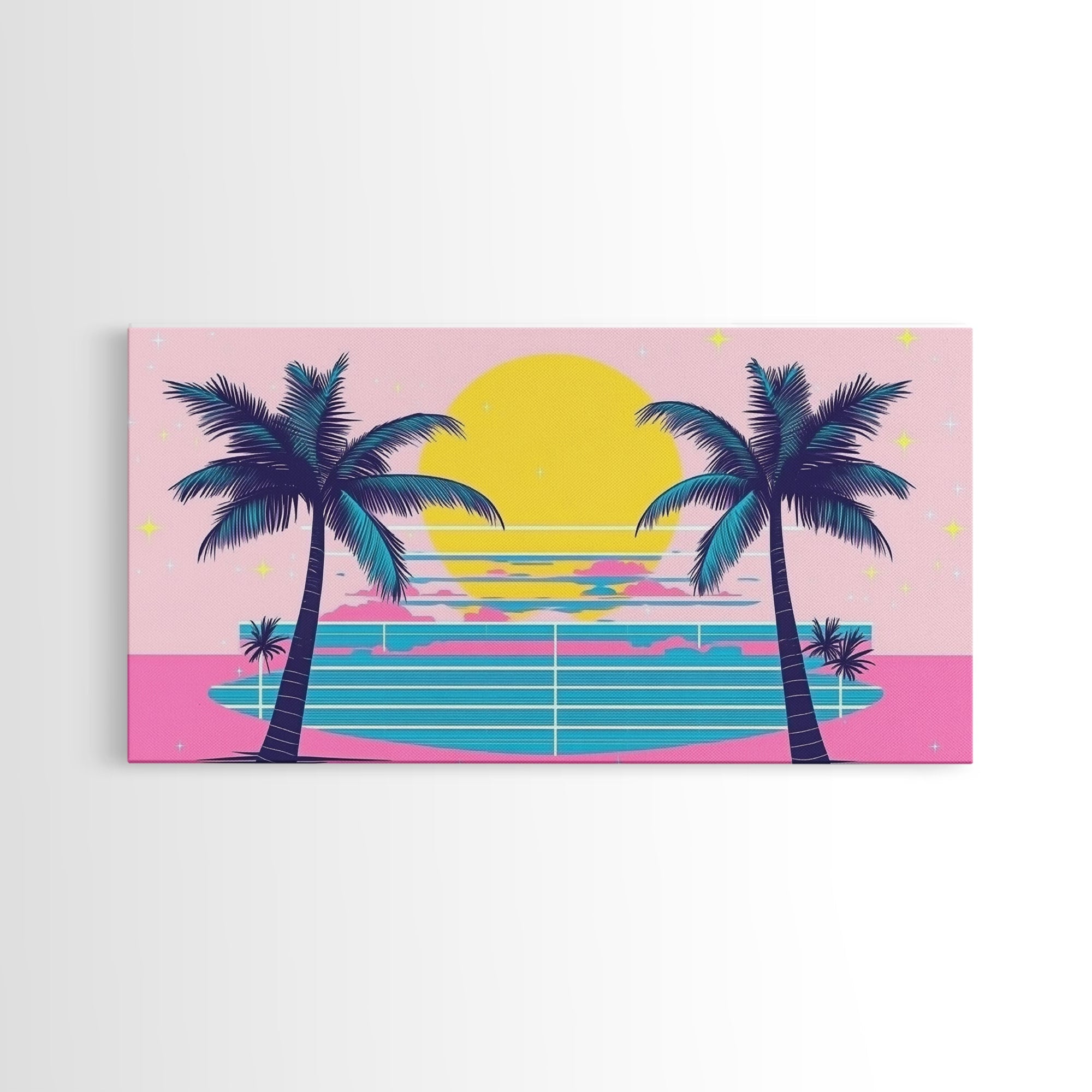 Retro Synthwave Wall Art, Outrun Home Decor Framed Canvas Print, Two Palm Trees and a Sunset