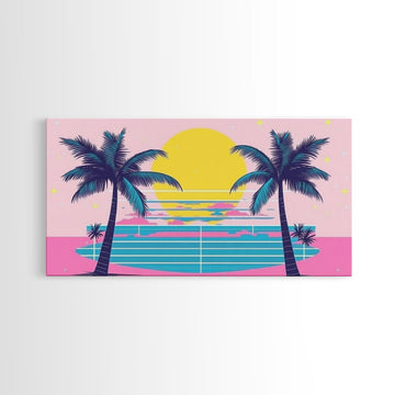 Retro Synthwave Wall Art, Outrun Home Decor Framed Canvas Print, Two Palm Trees and a Sunset