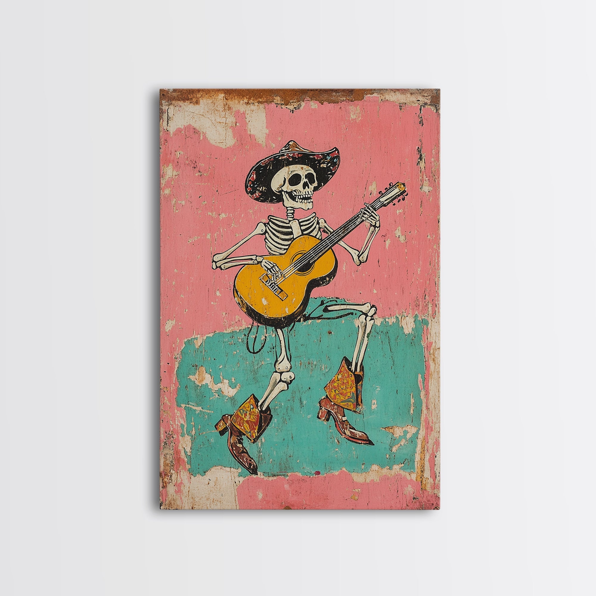 Retro Vaquero Skeleton Art Print, Canvas Art, Chicano Art, Spooky Mexican Art, Sugar Skull Art