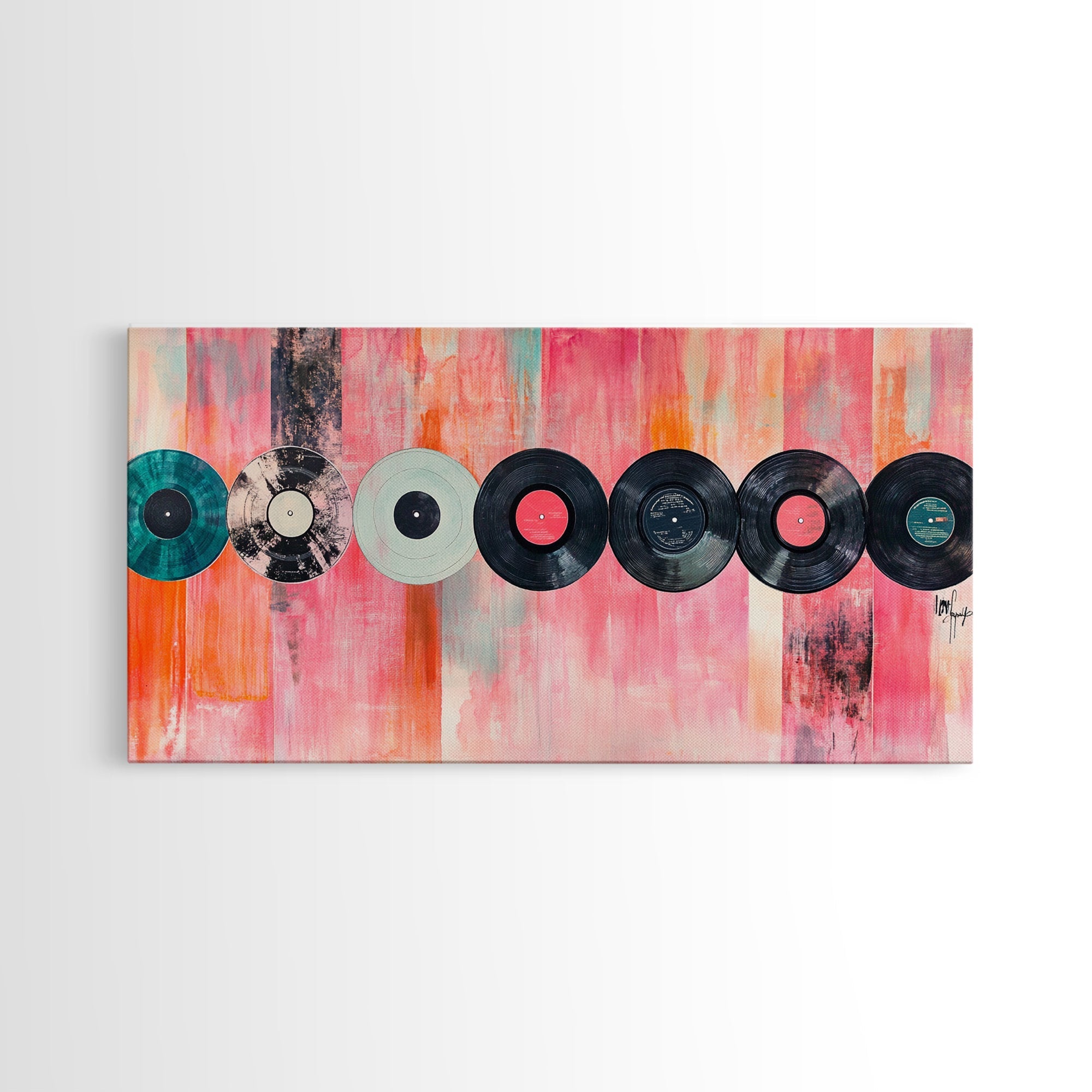 Vinyl Record Wall Art Framed Canvas Print, Pink Orange Abstract Music Art, Retro Living Room Art Minimalist Gift Idea Her