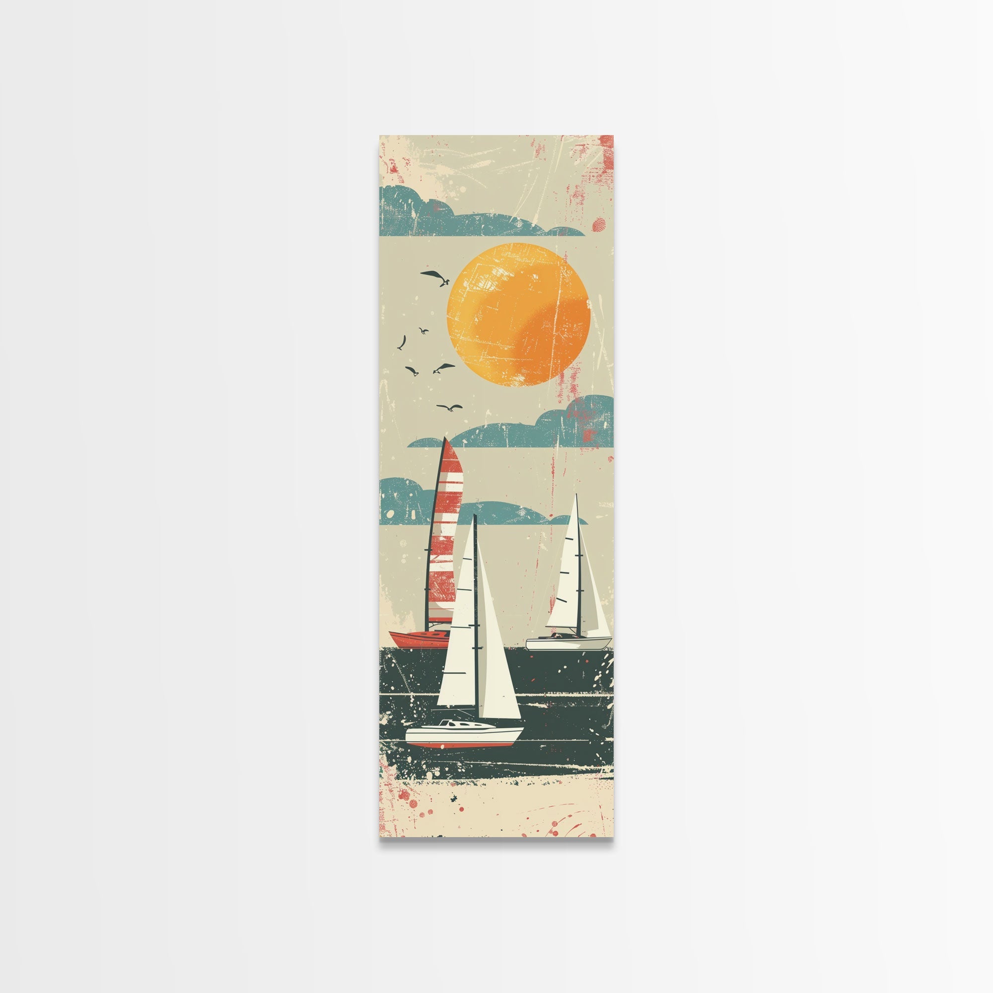 Sailboats Under the Sun, Retro Japanese Art Style Framed Canvas Print, Tall Skinny Art with a Vintage Touch