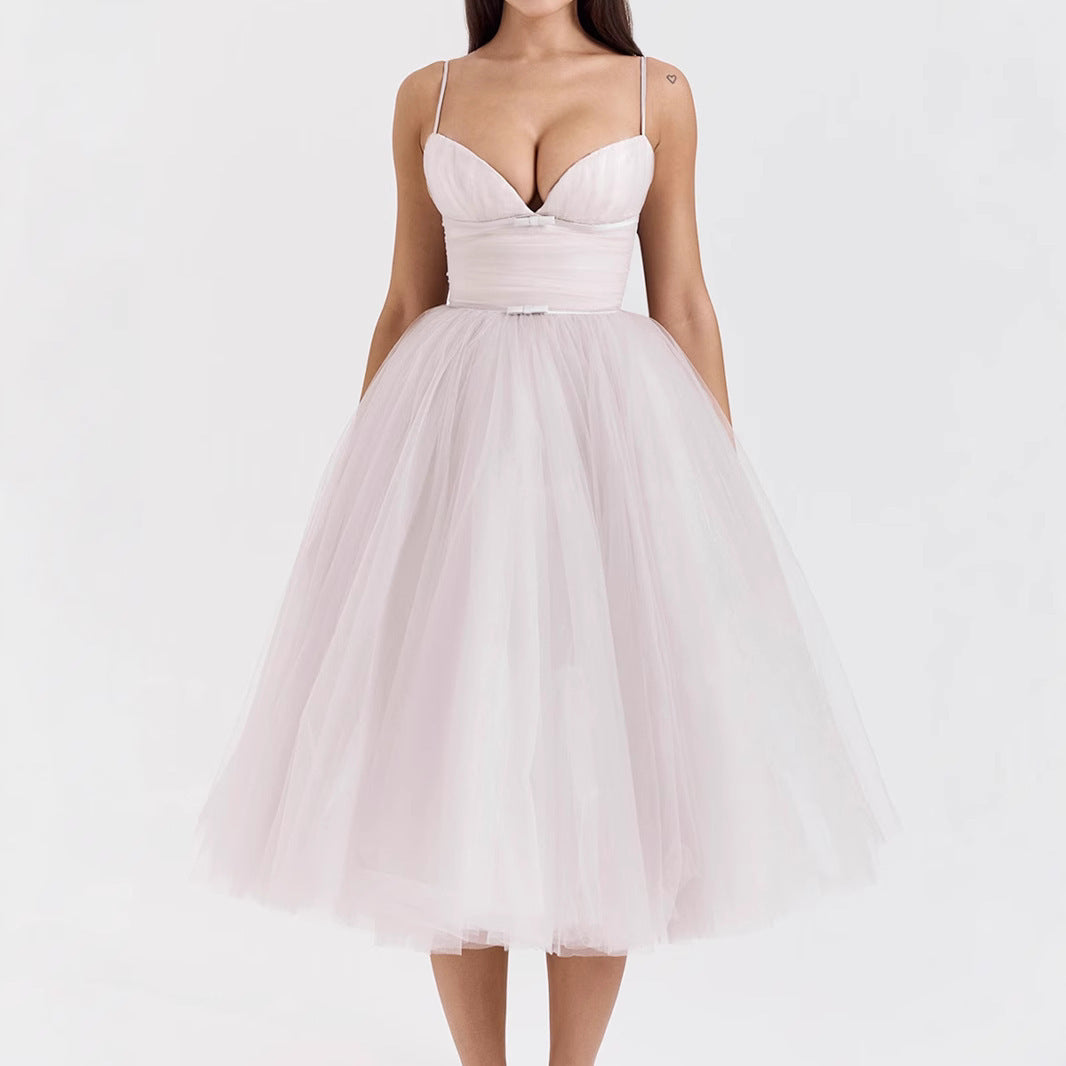 Sexy Solid Color Straps Tulle Backless Dress