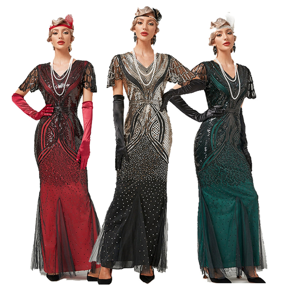 New 1920s Retro Gatsby Party Host Mesh Sequin Beaded Evening Dress Mermaid Dress