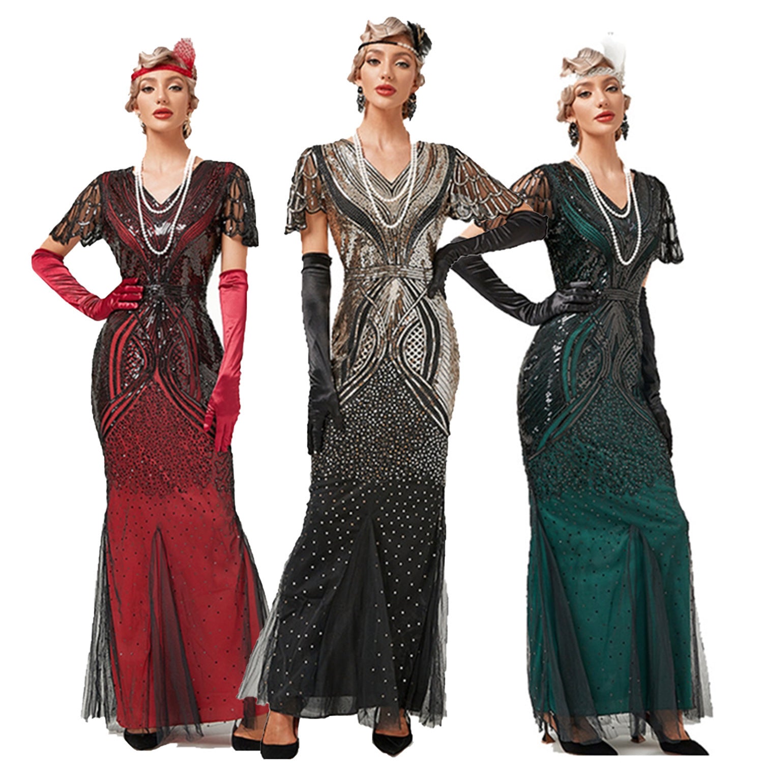 New 1920s Retro Gatsby Party Host Mesh Sequin Beaded Evening Dress Mermaid Dress