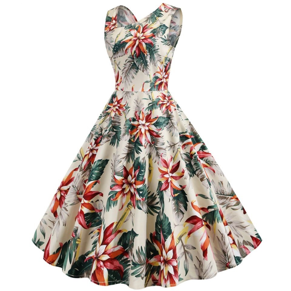 Vintage print sleeveless collar retro dress