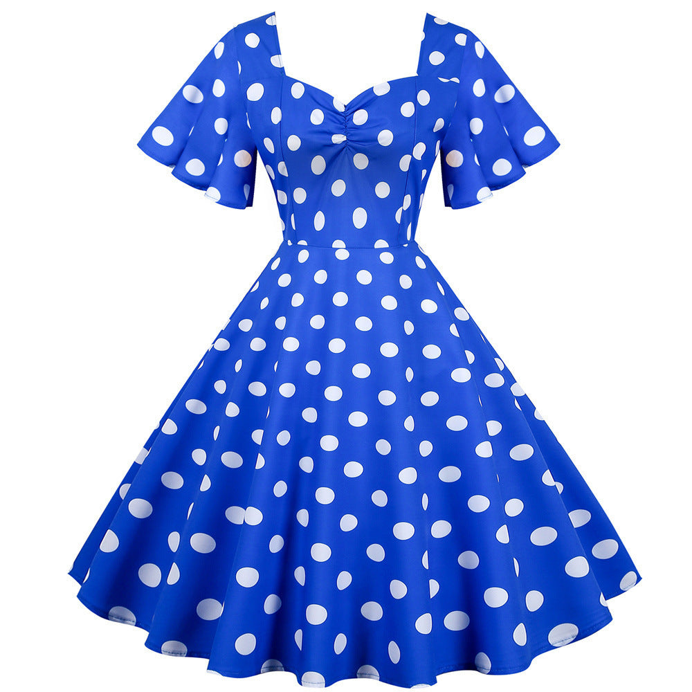Casual Short-sleeved Slim-fit Polka Dot Print Large Swing Dress