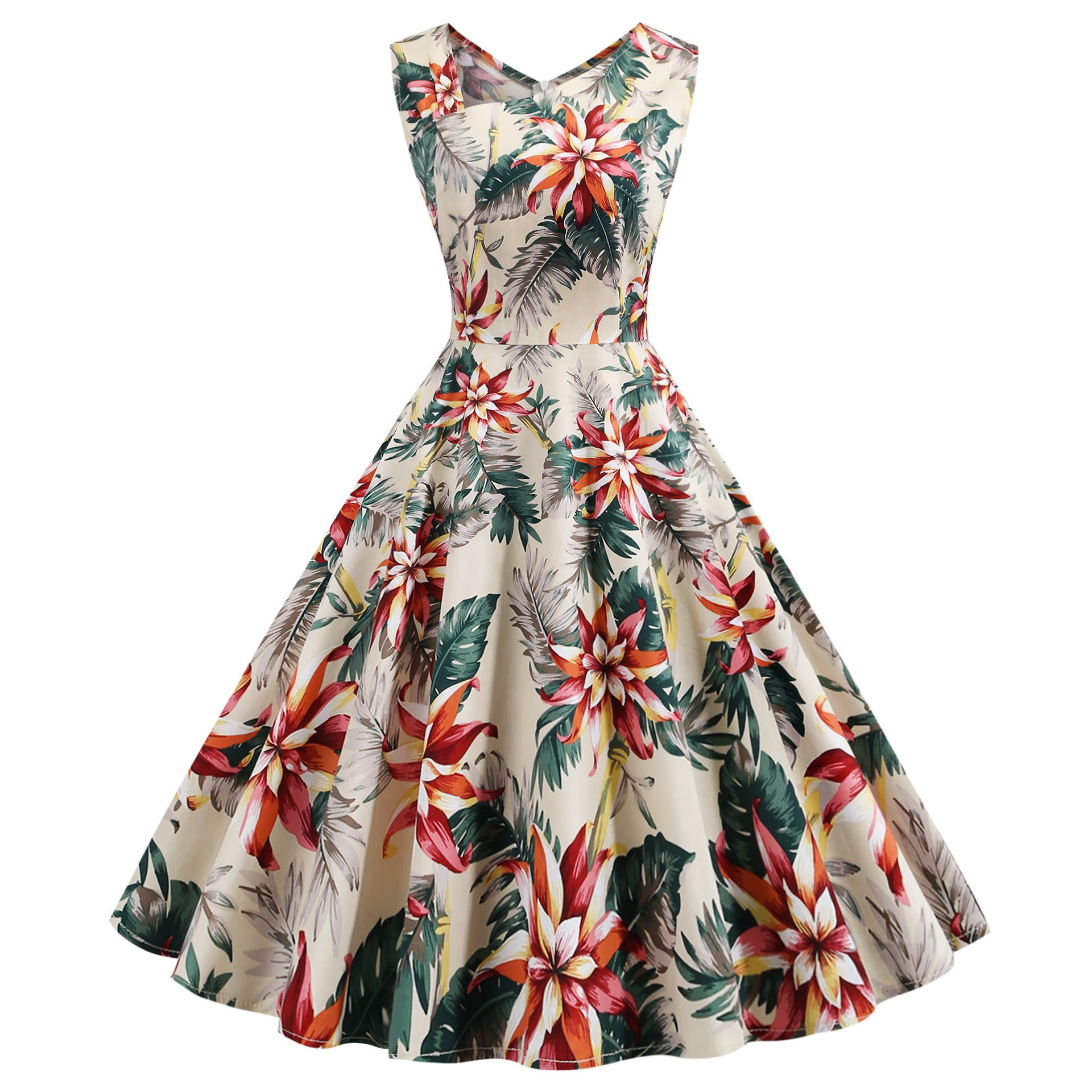 Vintage print sleeveless collar retro dress