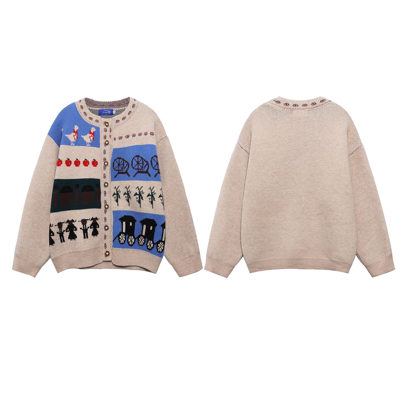 Casual Knit Cardigan with Cartoon Jacquard Pattern, Unisex Retro Style Sweater for Men and Women