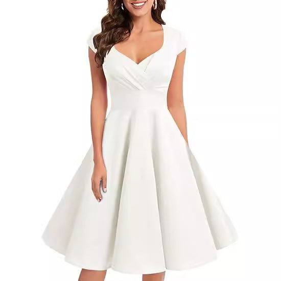 Retro Women's V-neck Half Sleeve Waist Dress
