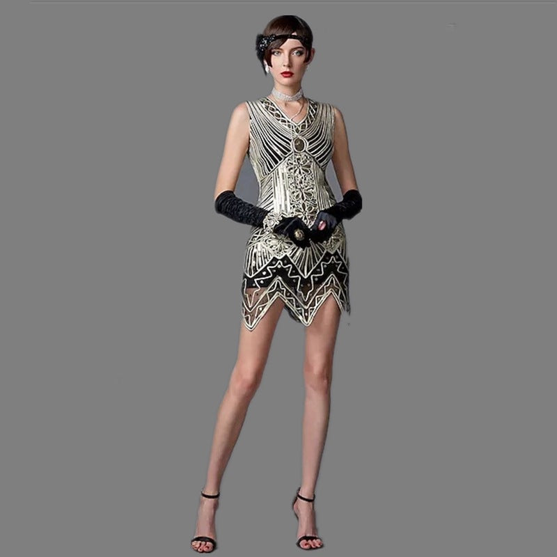 Vintage 1920s Gatsby Evening Dress Handwoven Sexy V-Neck Sleeveless Sequin Dress