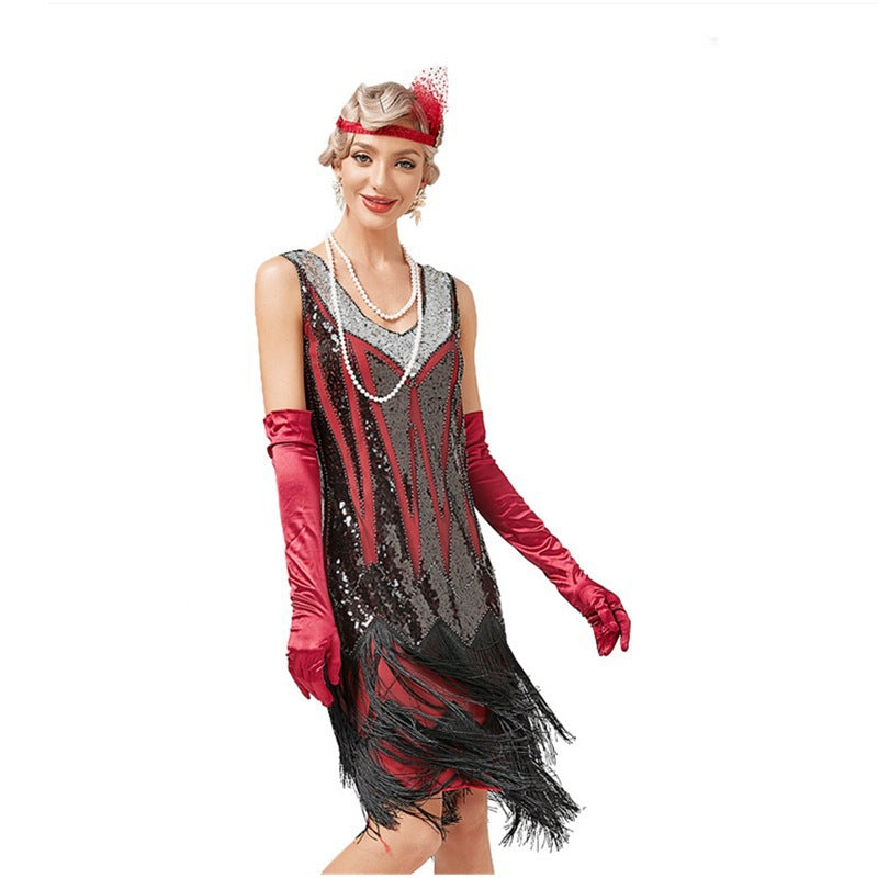 Vintage 1920s Retro V-Neck Fringe Dress Gatsby Party Latin Dance Sequin Beaded Cocktail Dress