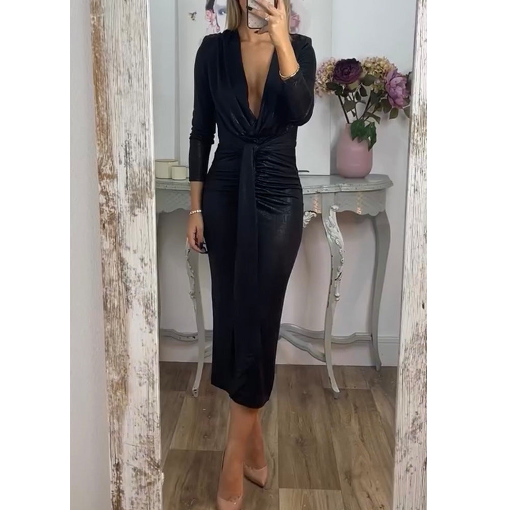 Women's Sexy V-neck Solid Color Bronzing Skinny Sheath Dress