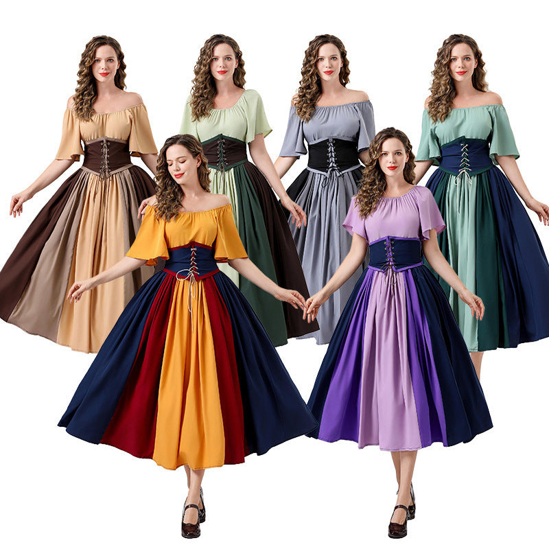 Medieval Vintage Dress with Patchwork Flutter Sleeves Princess Style Formal Gown Puffy Dress