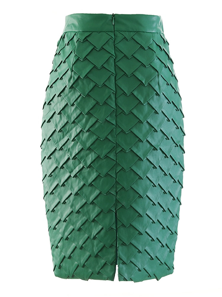 Vintage Knitted Midi Skirt For Women High Waist A Line Patchwork Solid PU Leather Skirts Female Clothes Fashion