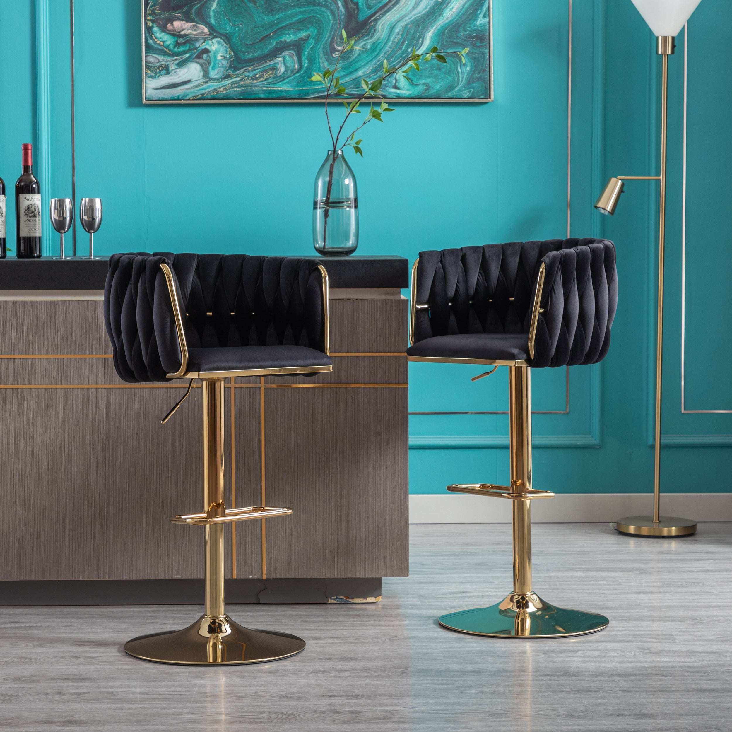 Set of 2 Bar Stools with Chrome Footrest and Base Swivel Height  Velvet + Golden Leg Simple Bar Stool-Black