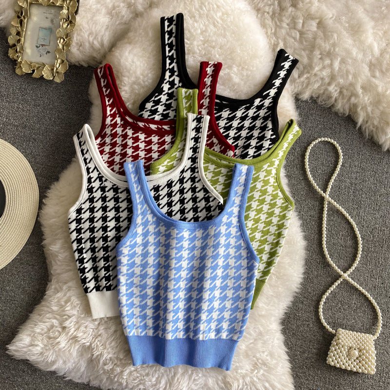Plaid Knitted Camisole Summer New Retro Slim Fit Stretchy Slim Short Crop Top Women's Clothing