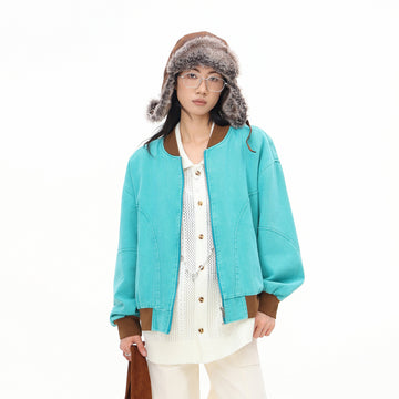 Retro Workwear Denim Jacket Men's Baseball Jacket Color Block Splicing Stand Collar Loose Short Coat