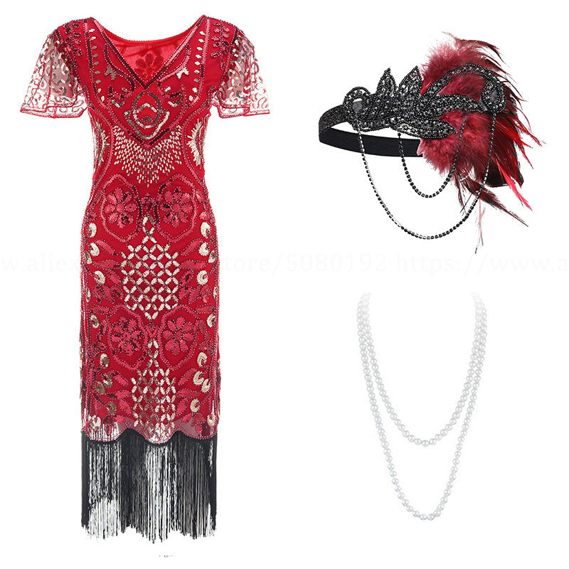 Party 1920s  Style Retro Gatsby V-Neck Evening Dress with Sequins and Fringe Short Sleeve Dress
