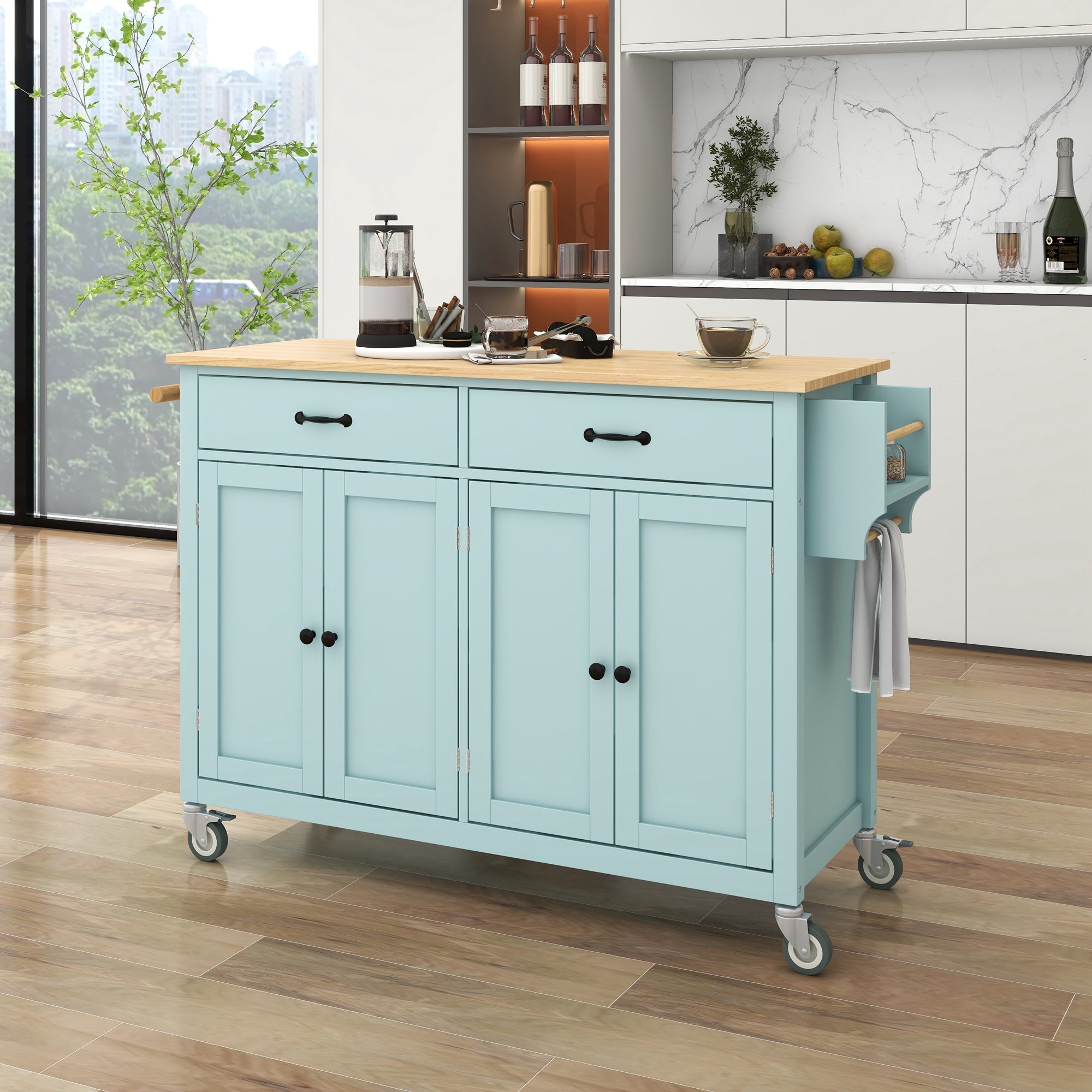 Kitchen Island Cart with 4 Door Cabinet and Two Drawers and 2 Locking Wheels - Solid Wood Top (Mint Green)