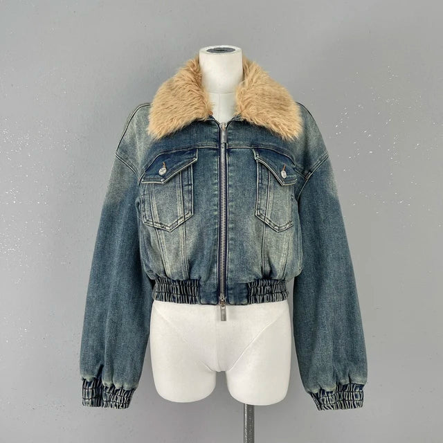 Women Street Vintage Detachable Fur Collar Argyle Quilted Lining Loose Casual Zipper Denim Jacket