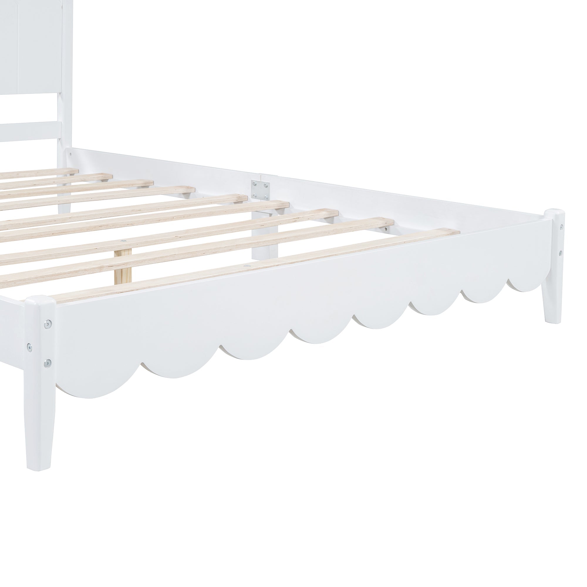 Queen Size Wood Platform Bed Frame, Retro Style Bed with Rectangular Headboard,No Need Box Spring,White