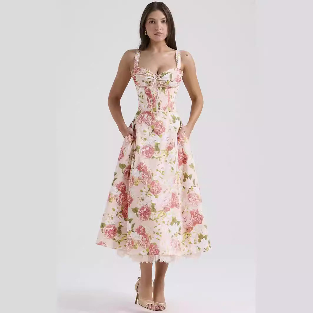 Floral Series French Strap Gentle Dress