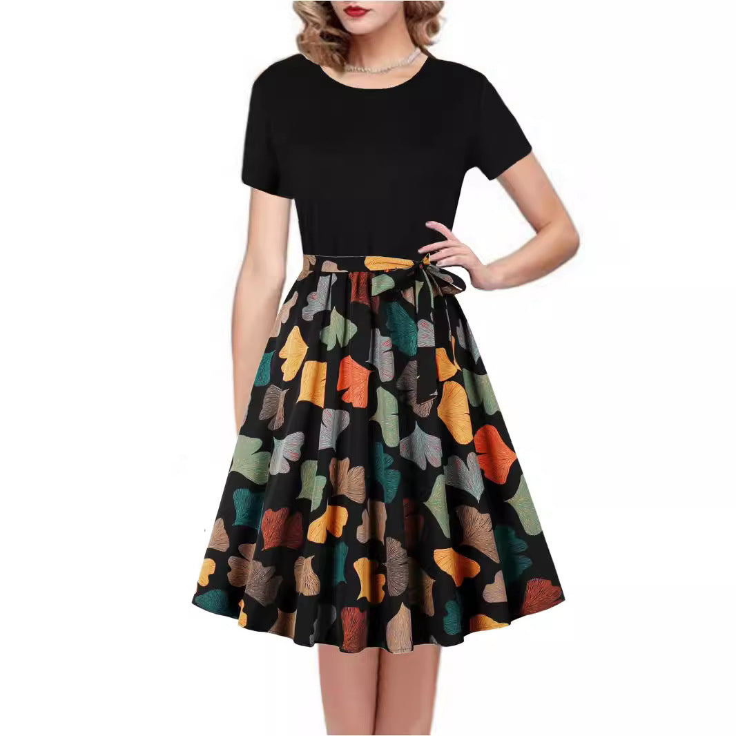 Round Neck Vintage Print Short Sleeves Dress