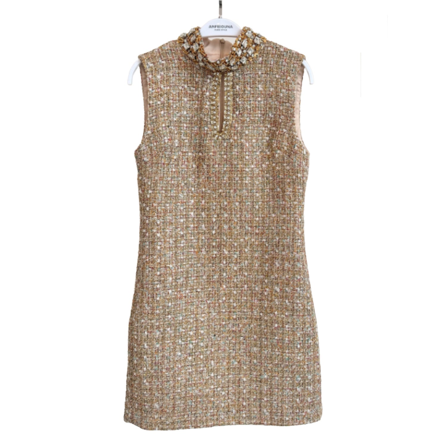 Classic Style Tweed Heavy Industry Rhinestone Lace Sleeveless Vest Dress