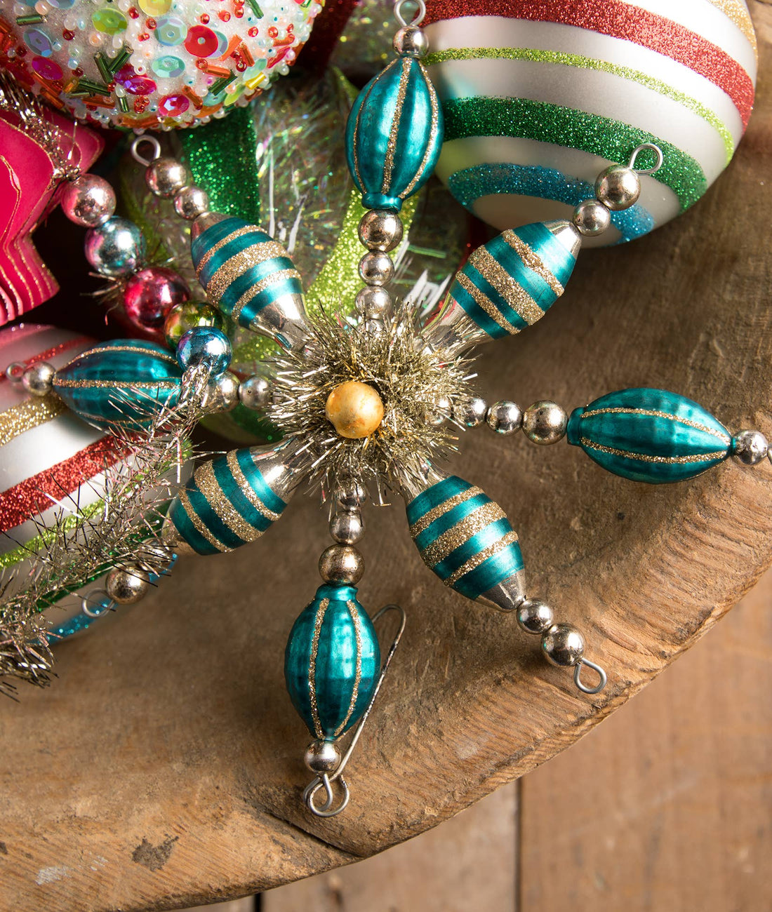 Turquoise Glass & Tinsel Starburst Ornament