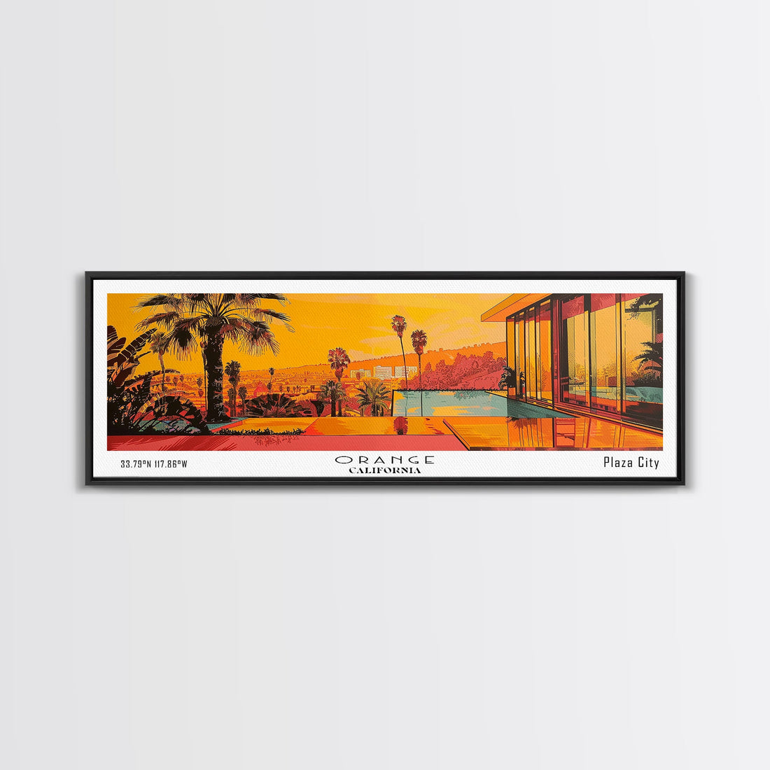 Orange California Panoramic Painting, Mid Century Modern Framed Canvas Print, Retro Pop Art Travel Poster, City Art, Office Wall Decor, Living Room Art
