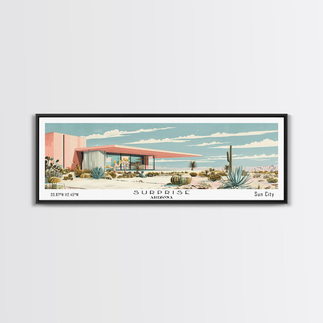 Surprise Arizona Panoramic Wall Art, Mid Century Modern Framed Canvas Print, Retro Pop Art Travel Poster, Office Wall Decor and Gift Idea
