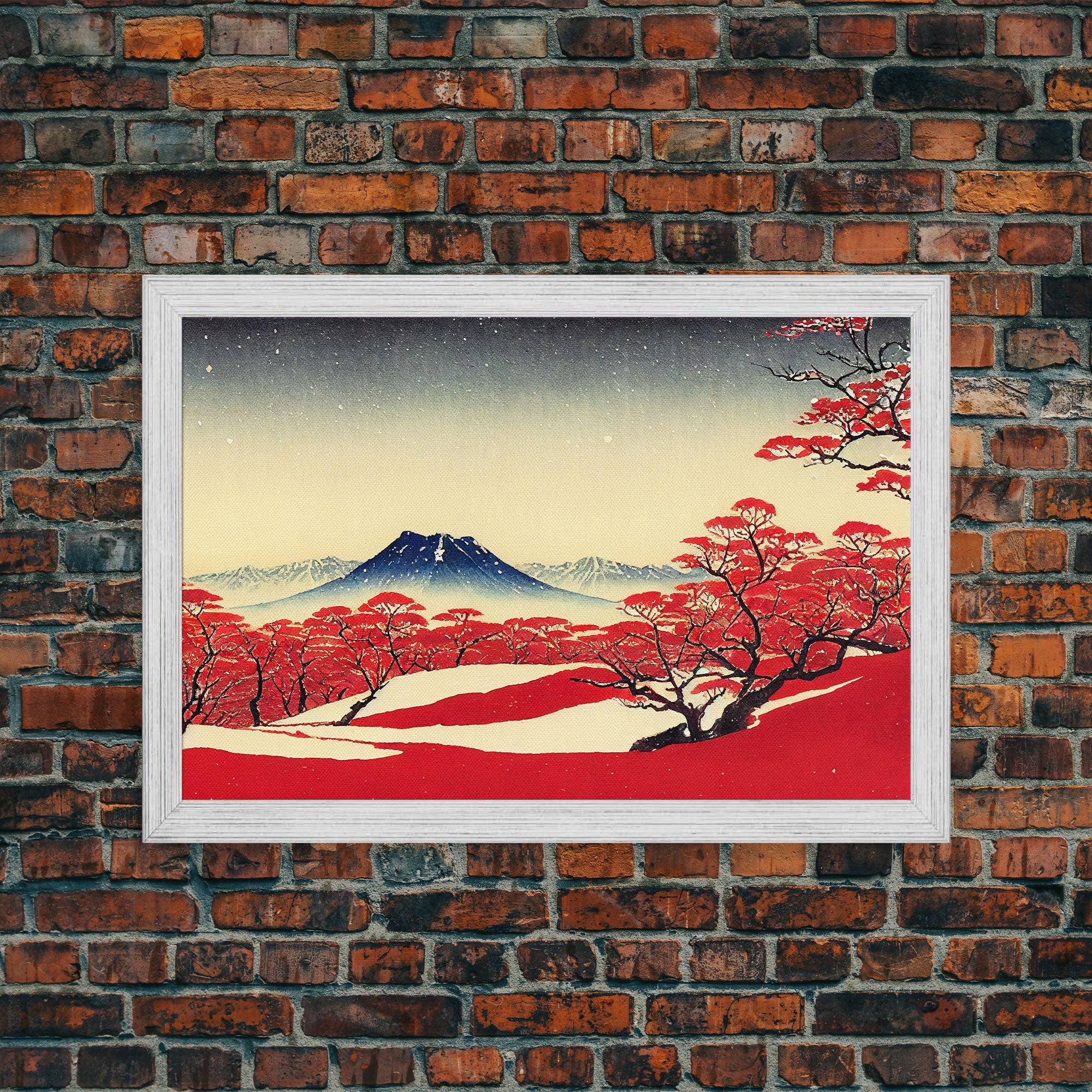 Mt. Fuji in the winter, Japanese style art, Japanese maple trees, framed canvas print, unique retro style art