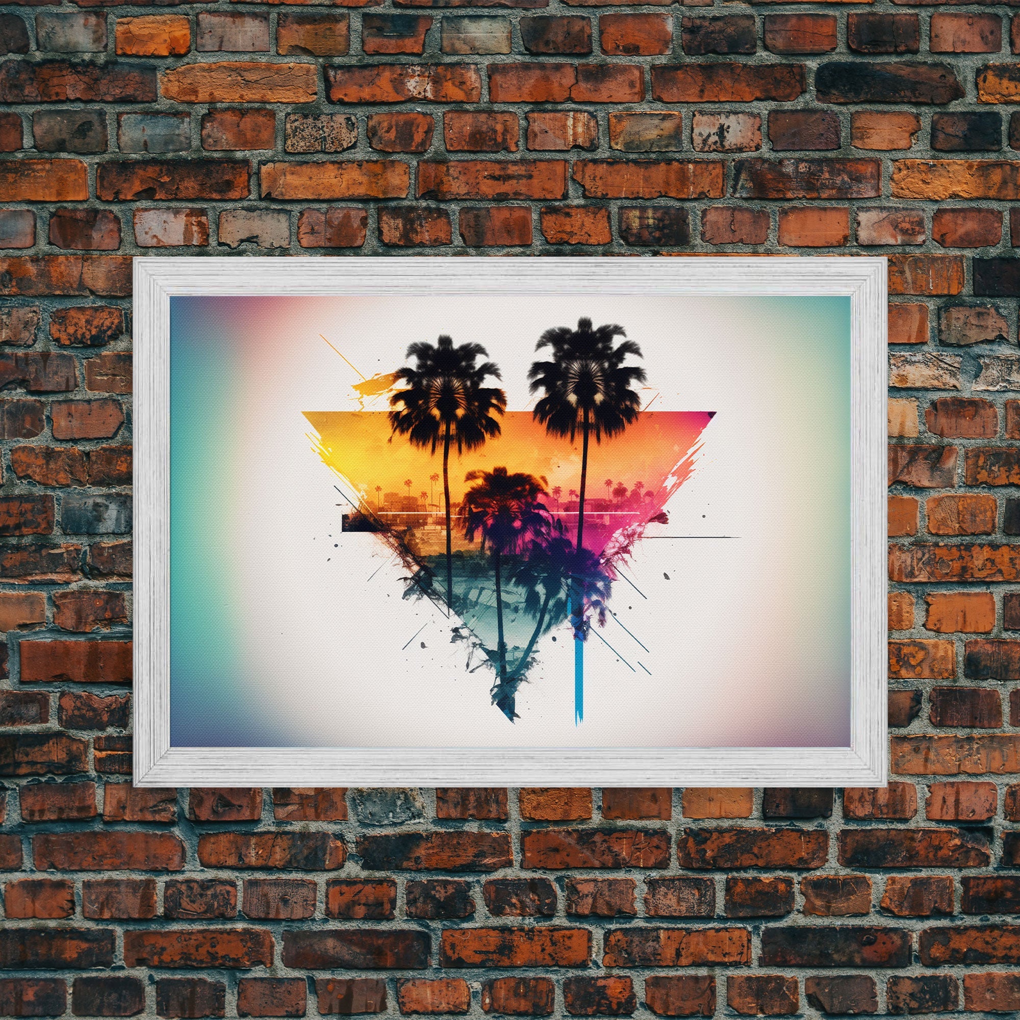 Retrowave / Synthwave Sunset Behind Beautiful Palm Trees, 1980s Style Retro Home Decor, Framed Canvas Print, Double Exposure Art