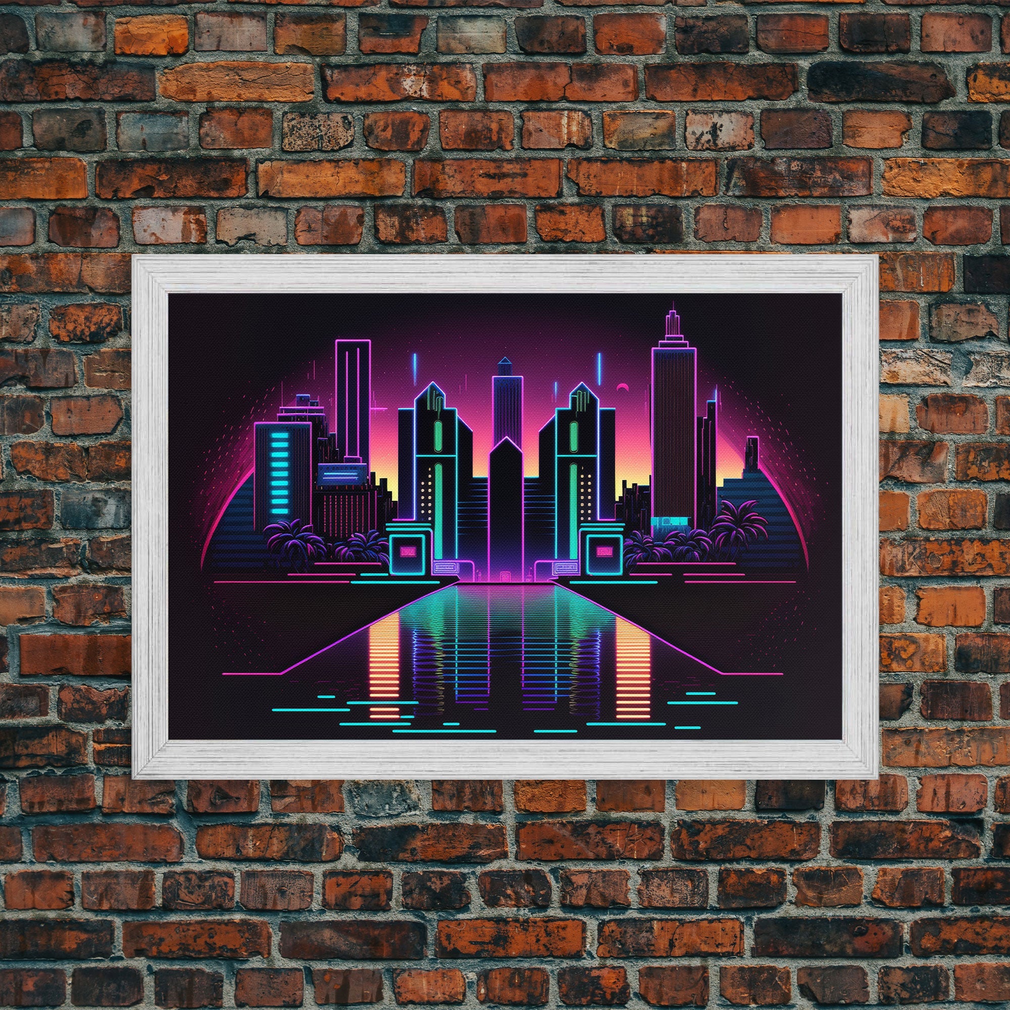 Retro Style Synthwave Wireframe City, Outrun Style, Framed Canvas Print, 80s Vibes Art