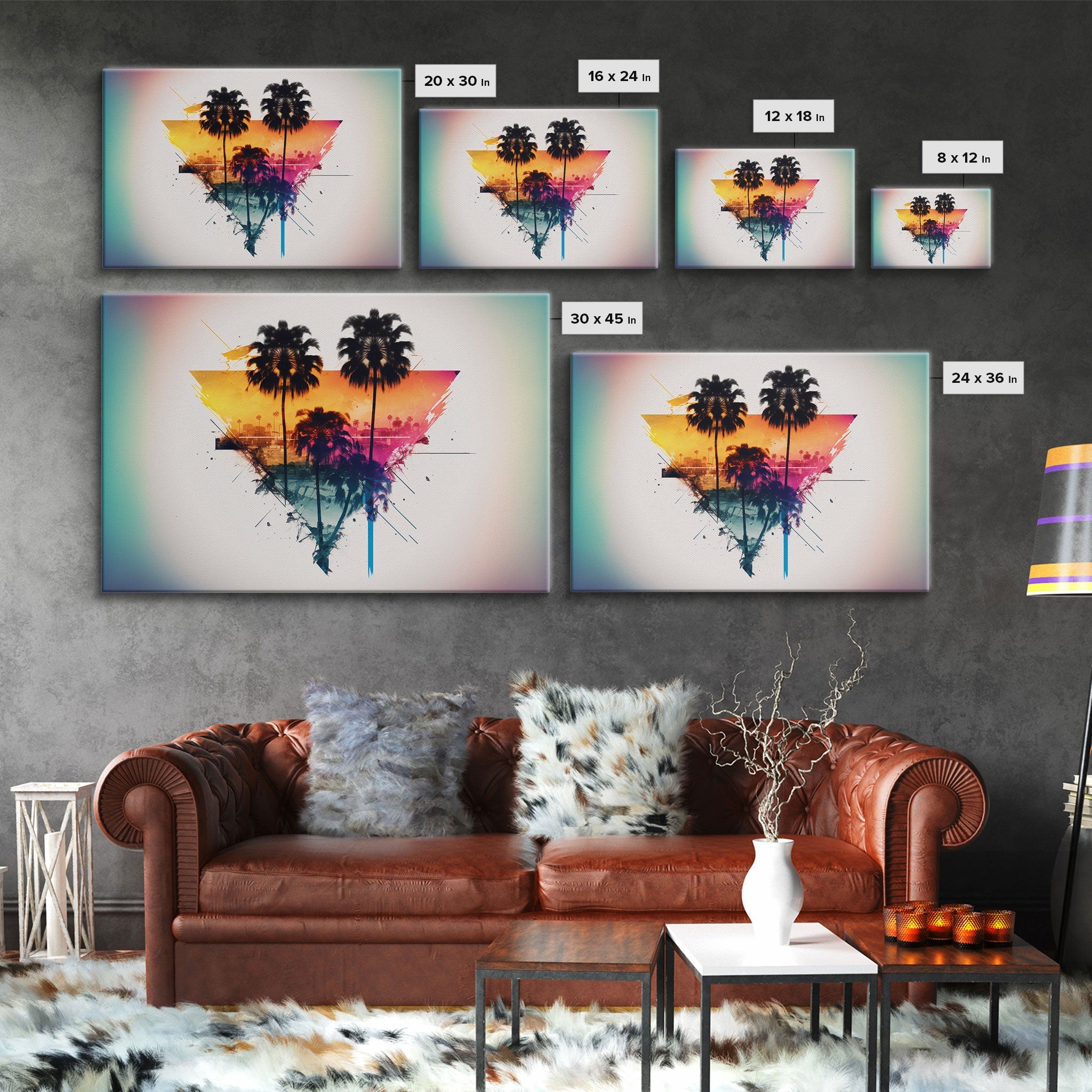 Retrowave / Synthwave Sunset Behind Beautiful Palm Trees, 1980s Style Retro Home Decor, Framed Canvas Print, Double Exposure Art