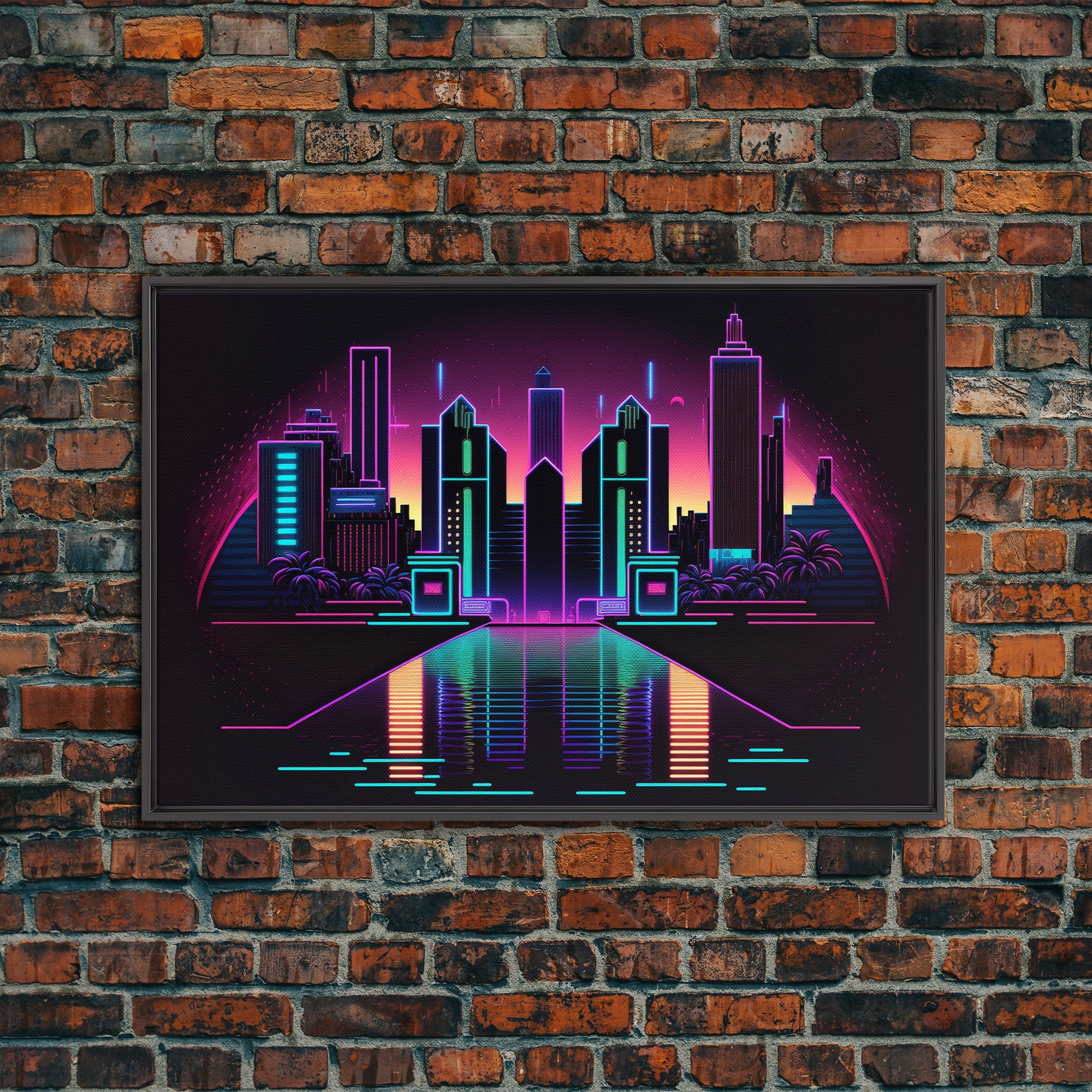 Retro Style Synthwave Wireframe City, Outrun Style, Framed Canvas Print, 80s Vibes Art