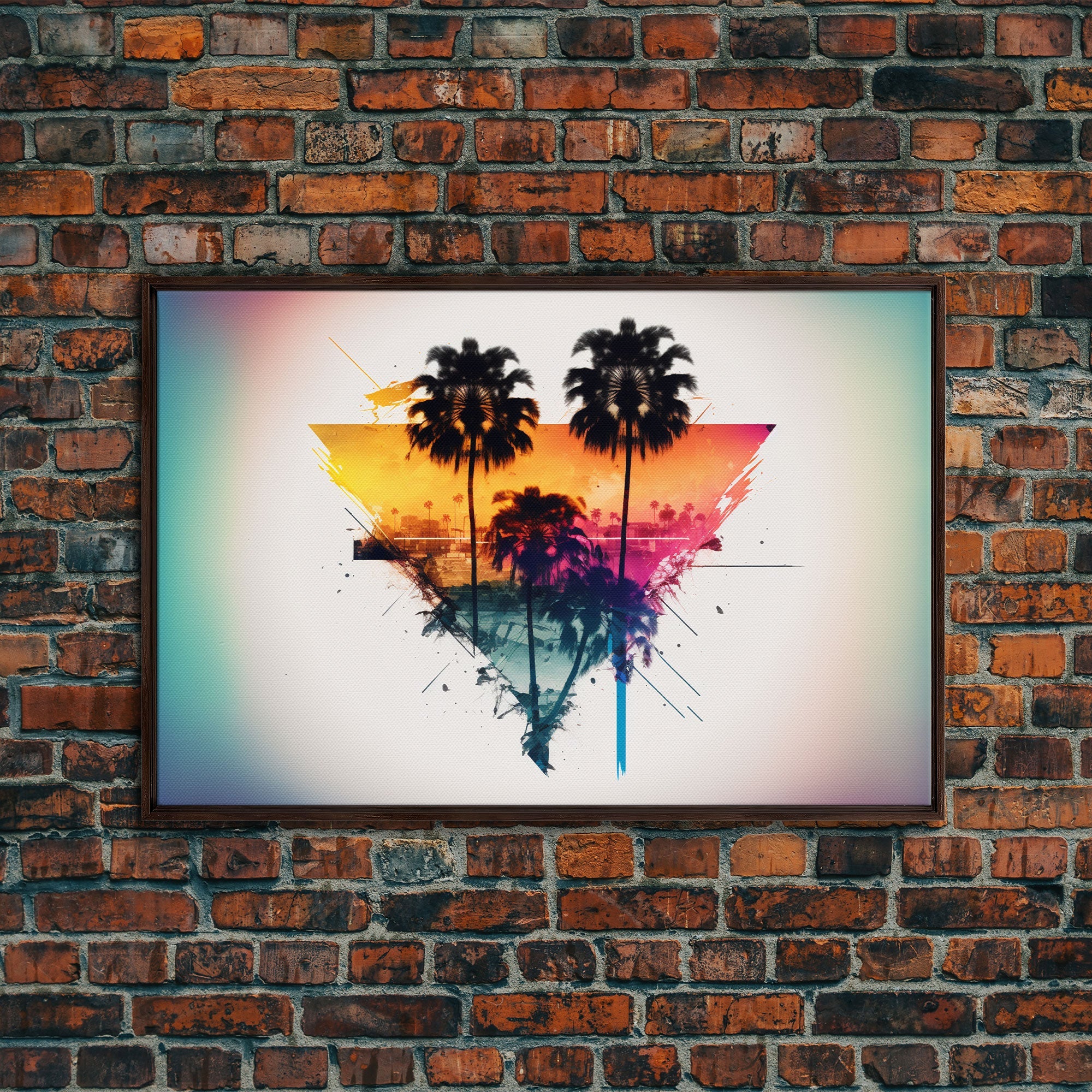 Retrowave / Synthwave Sunset Behind Beautiful Palm Trees, 1980s Style Retro Home Decor, Framed Canvas Print, Double Exposure Art