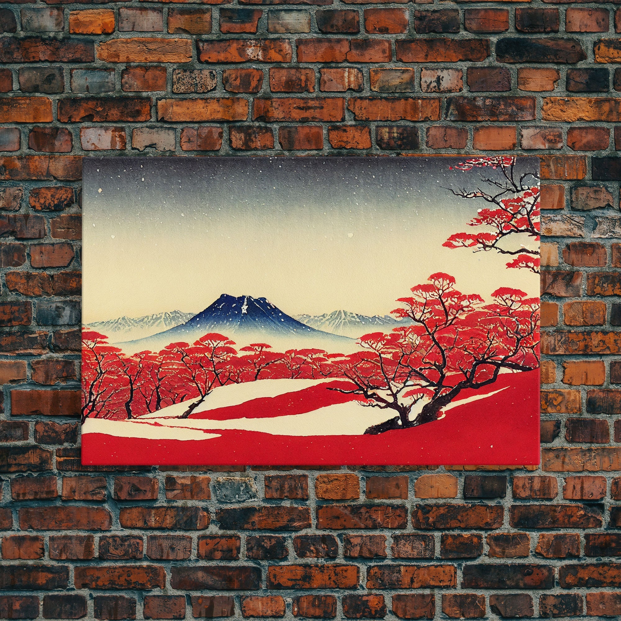 Mt. Fuji in the winter, Japanese style art, Japanese maple trees, framed canvas print, unique retro style art