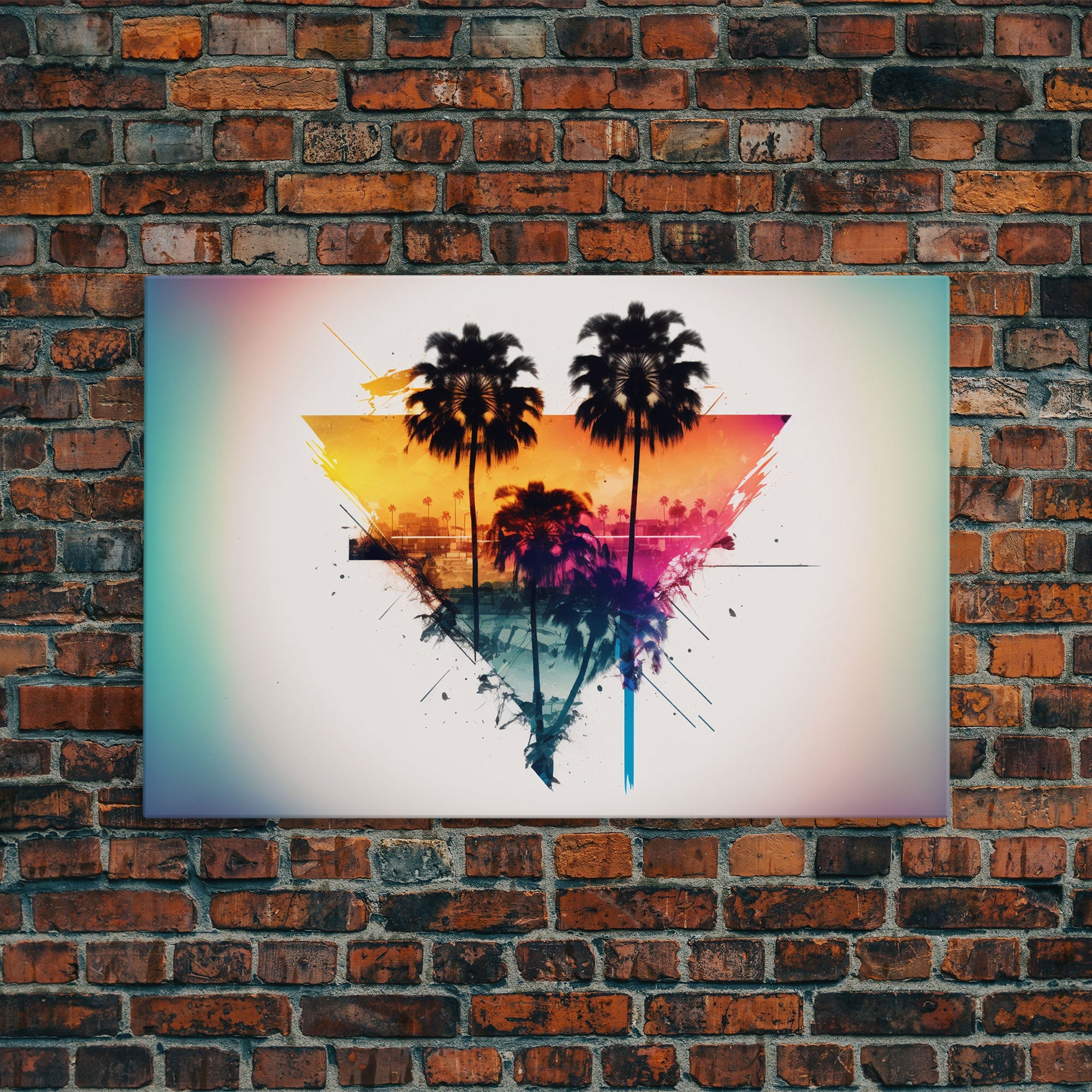 Retrowave / Synthwave Sunset Behind Beautiful Palm Trees, 1980s Style Retro Home Decor, Framed Canvas Print, Double Exposure Art