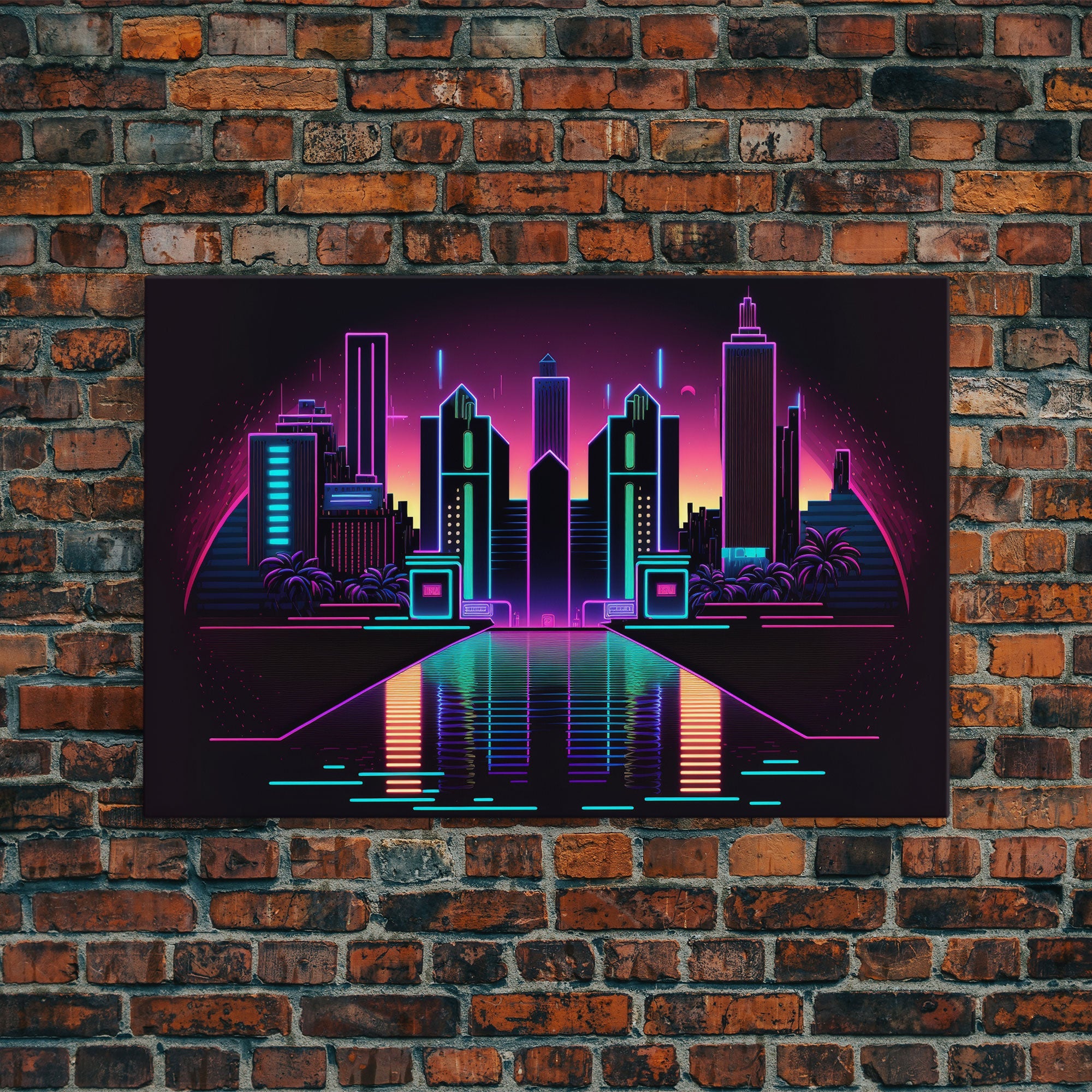 Retro Style Synthwave Wireframe City, Outrun Style, Framed Canvas Print, 80s Vibes Art