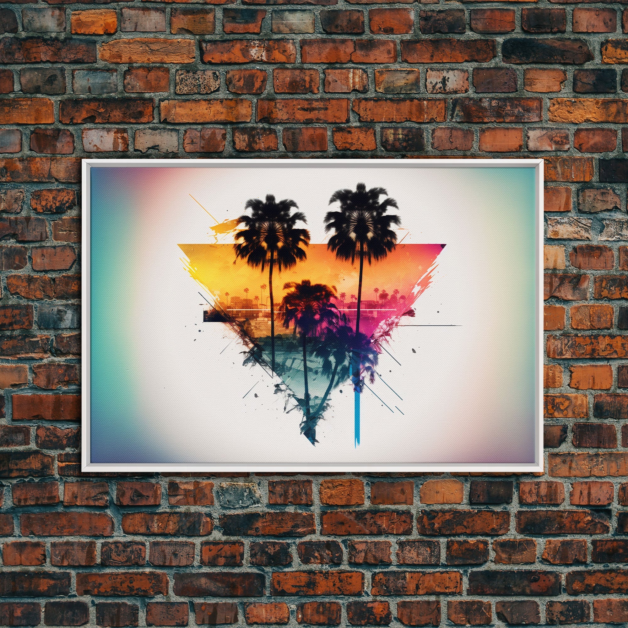 Retrowave / Synthwave Sunset Behind Beautiful Palm Trees, 1980s Style Retro Home Decor, Framed Canvas Print, Double Exposure Art