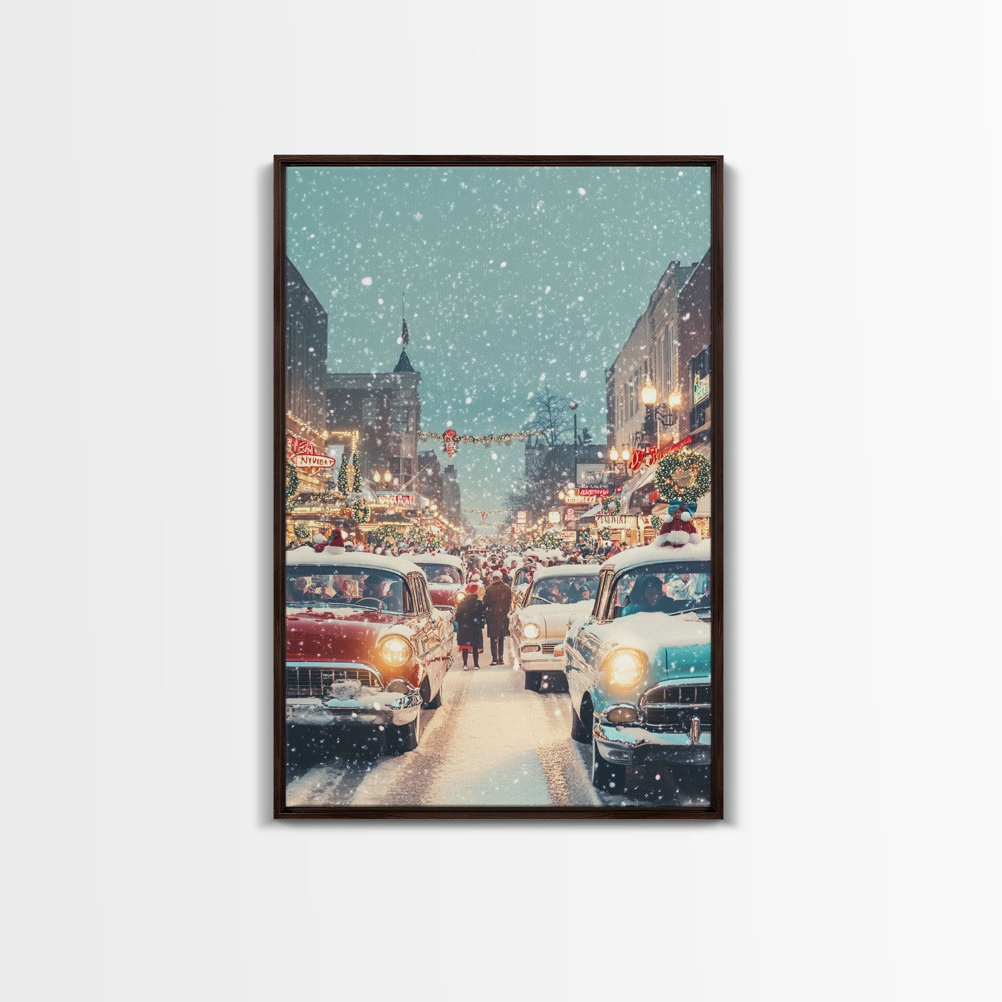 Retro Christmas Parade on Snowy Main Street with Classic Cars and Holiday Decorations, Framed Canvas Print for Christmas Wall Decor