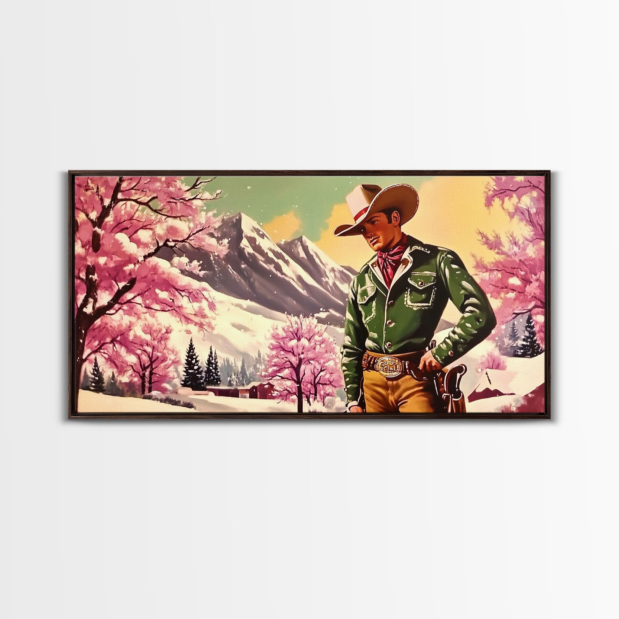 Retro Framed Canvas Print of a woman in a white dress standing next to a vintage pink truck, holiday wall art gift ideas any space