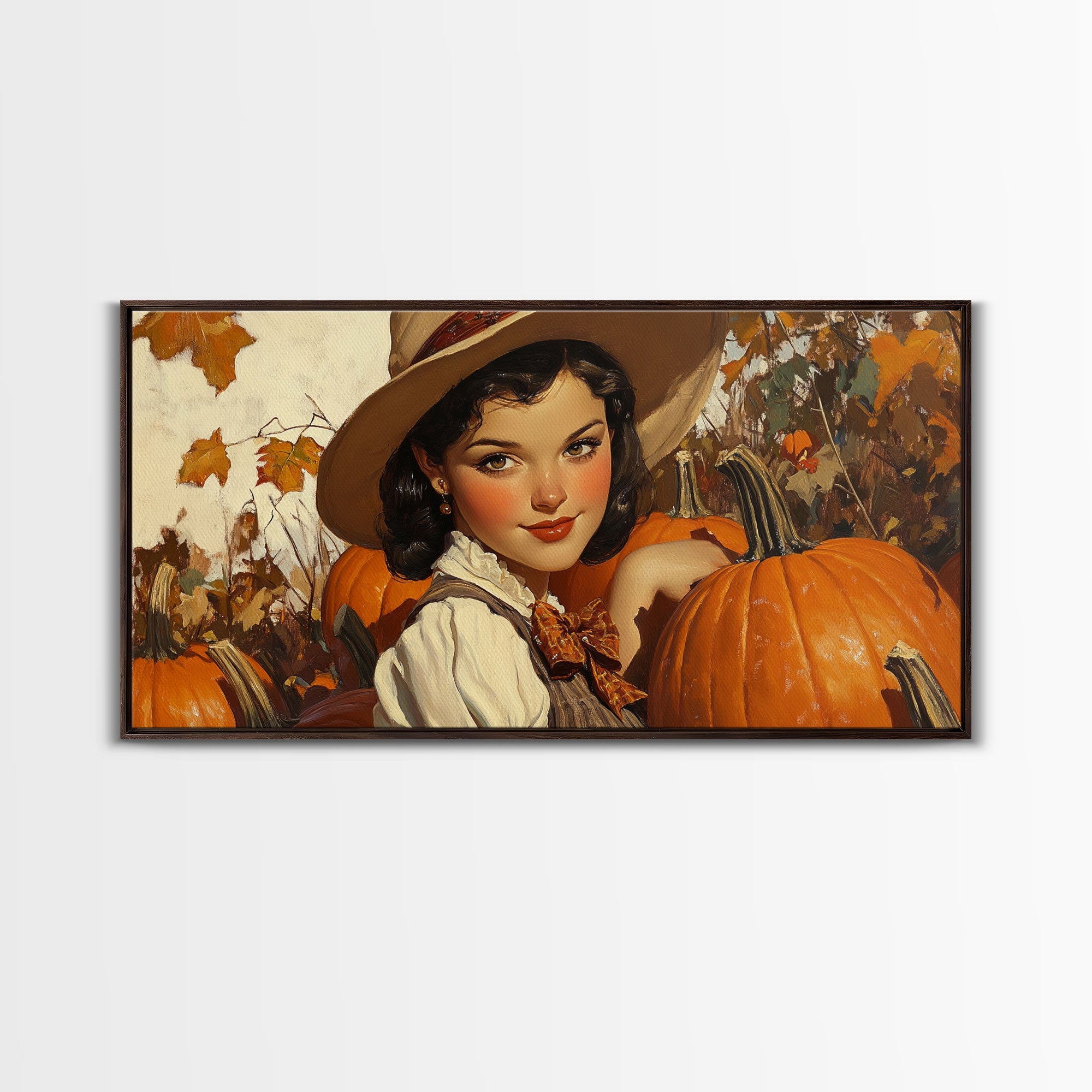 Cowgirl In A Pumpkin Patch, Framed Canvas Print, Retro Style Fall or Thanksgiving Wall Art, Farmhouse Decor, Christmas Wall Decor Gift