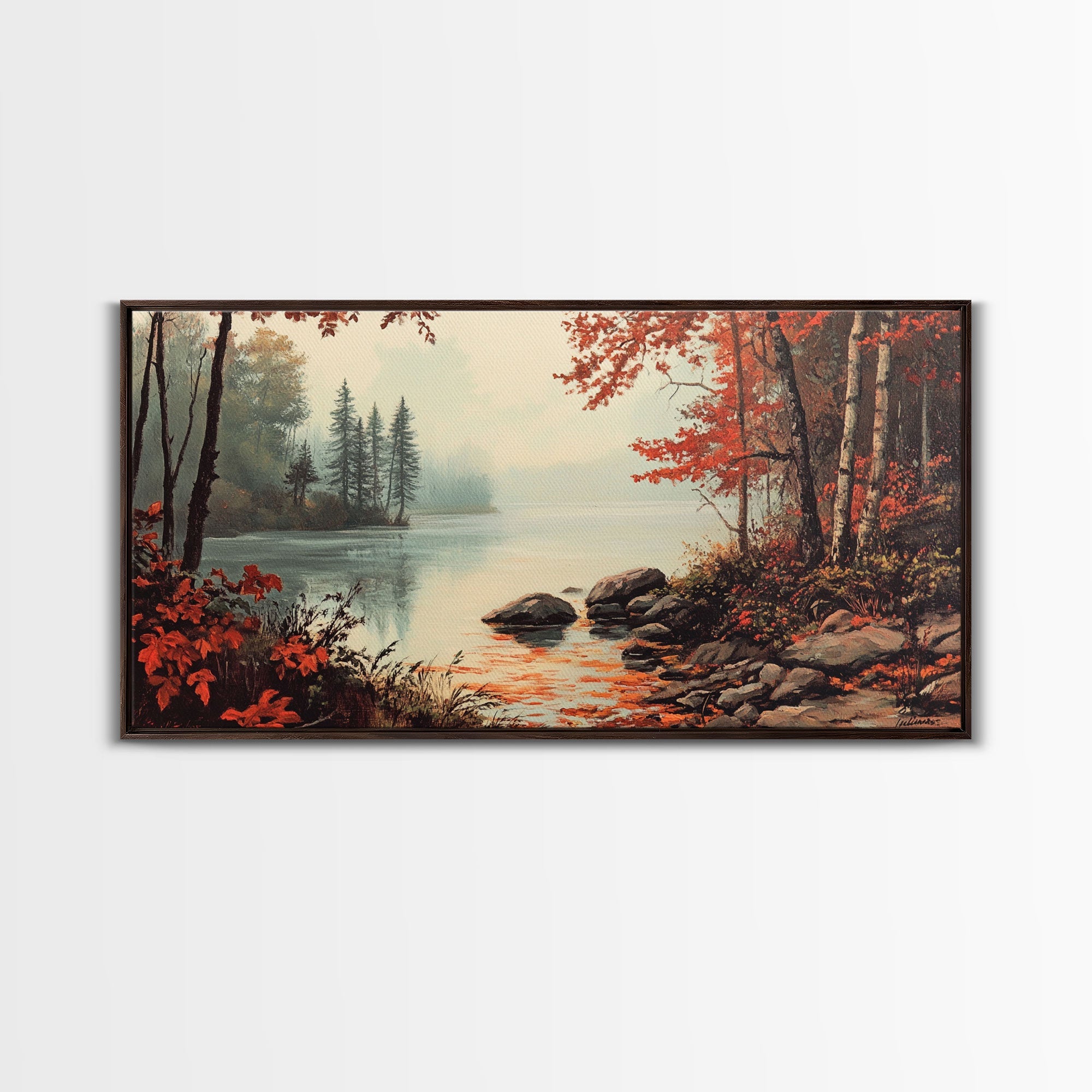 Fall On The River, Rustic Landscape Painting, Primitive Wall Art, Framed Canvas Print, retro festive holiday wall art Christmas decor